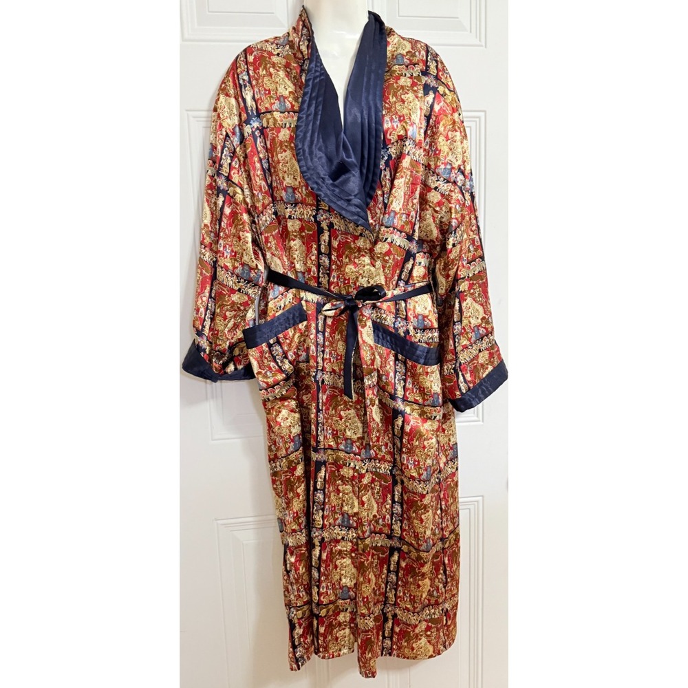 Victoria Secret Vintage-Inspired Tapestry Robe with Navy Satin Trim & Belted - Picture 7 of 7